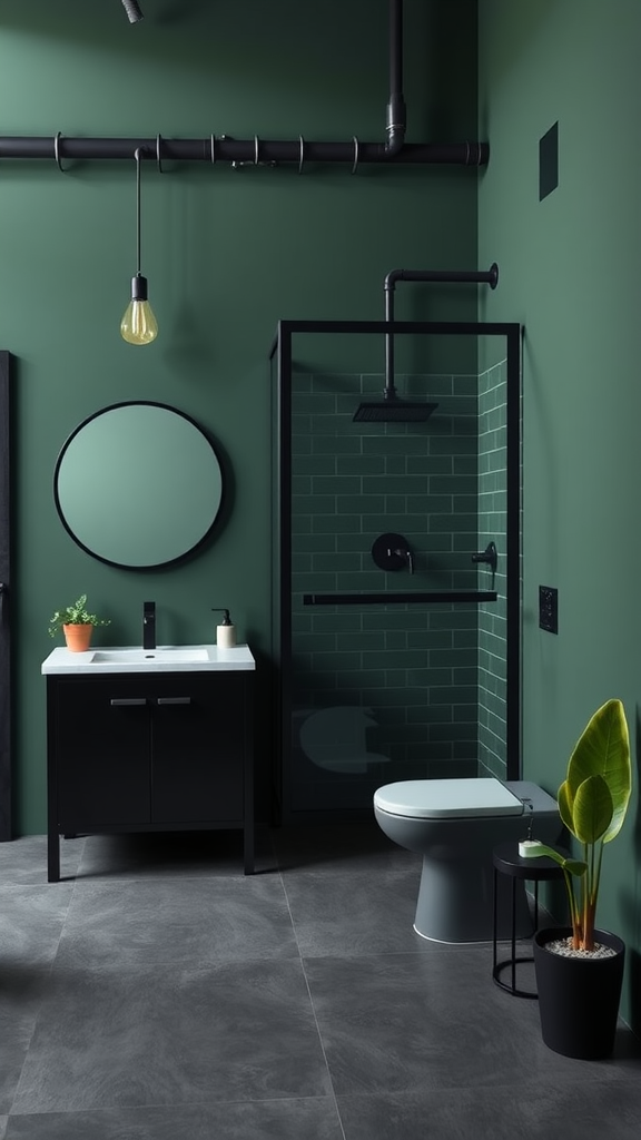 Stylish dark green urban bathroom with modern fixtures and potted plants