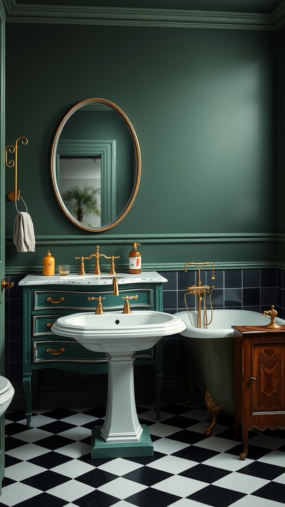 A vintage bathroom with dark green walls, a white sink, gold fixtures, and checkered flooring.