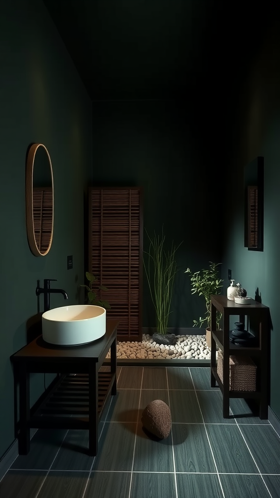 A dark green Zen bathroom featuring a round sink, wooden accents, and natural elements.