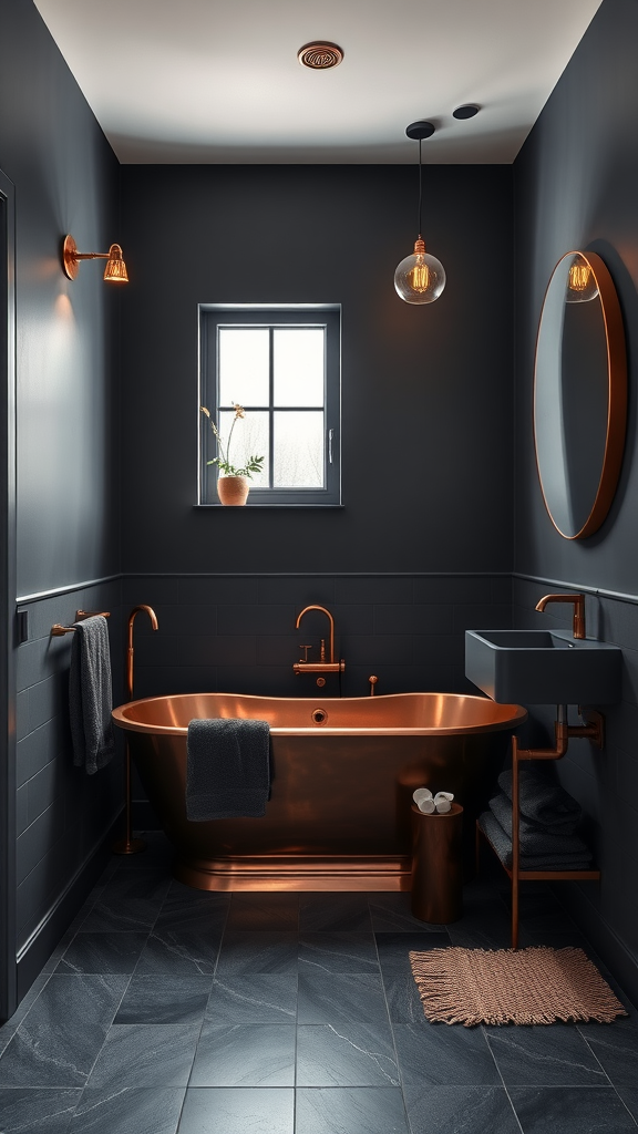 A modern bathroom featuring dark grey walls with copper fixtures, including a luxurious copper bathtub and stylish lighting.