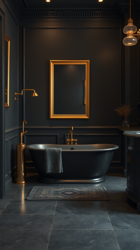 A dark grey bathroom featuring a freestanding bathtub, gold fixtures, and elegant decor.