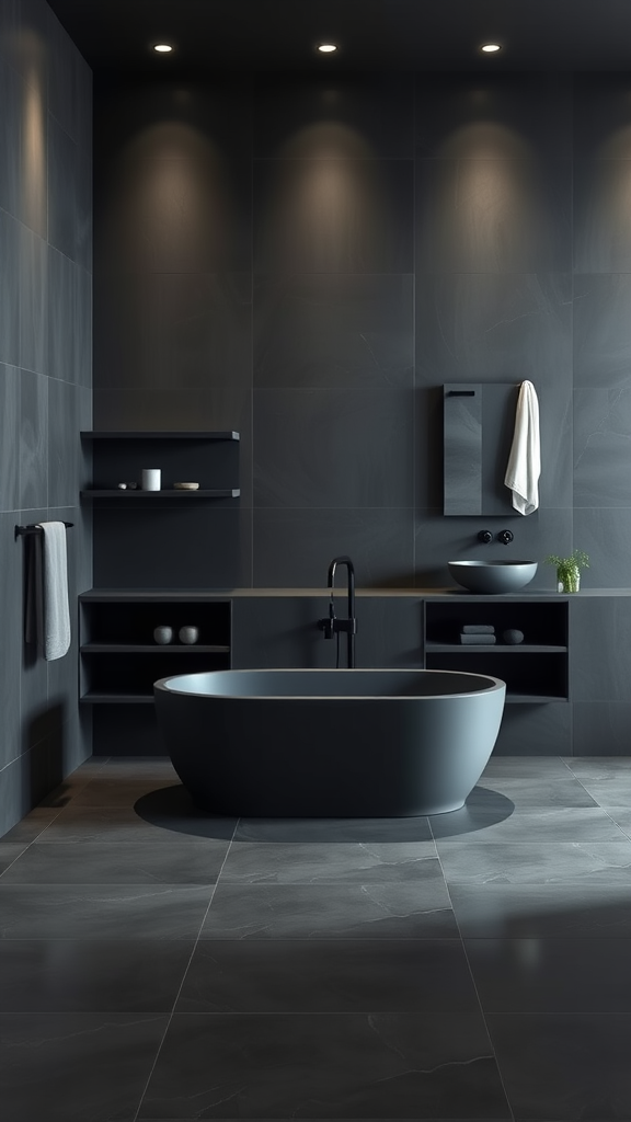 A modern dark grey bathroom featuring a sleek oval bathtub, minimalist shelves, and soft lighting.