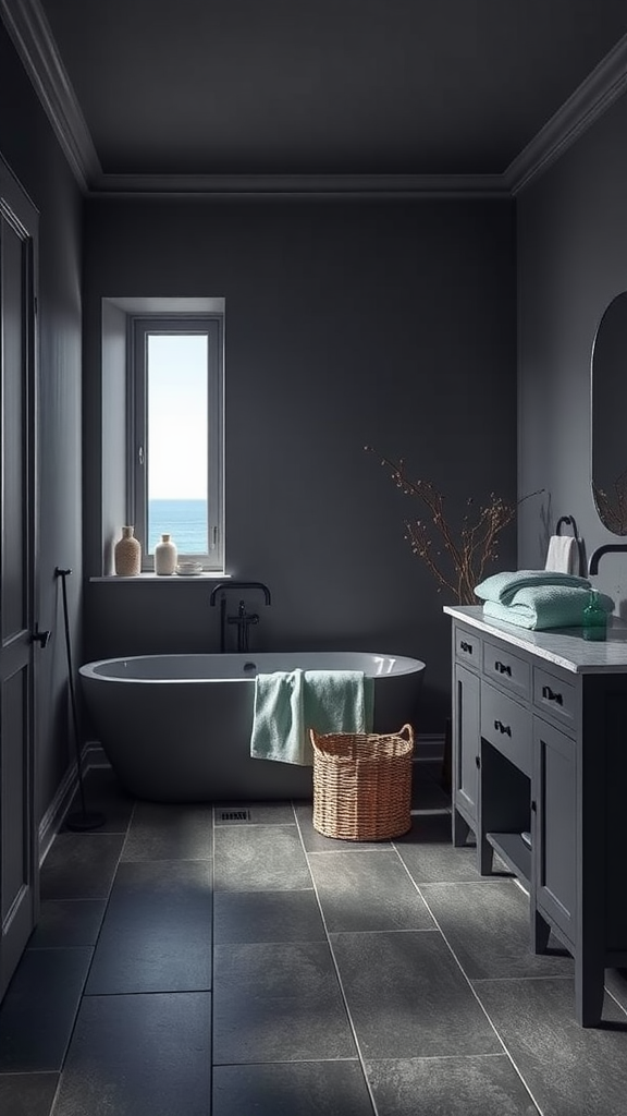 A modern dark grey bathroom featuring a freestanding bathtub, a light blue towel, and a window with a view of the ocean.