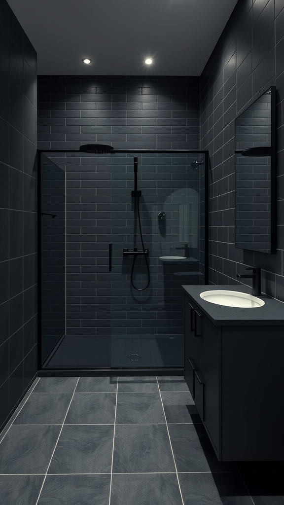 A modern dark grey monochrome bathroom featuring sleek tiles, a glass shower, and minimalistic vanity.