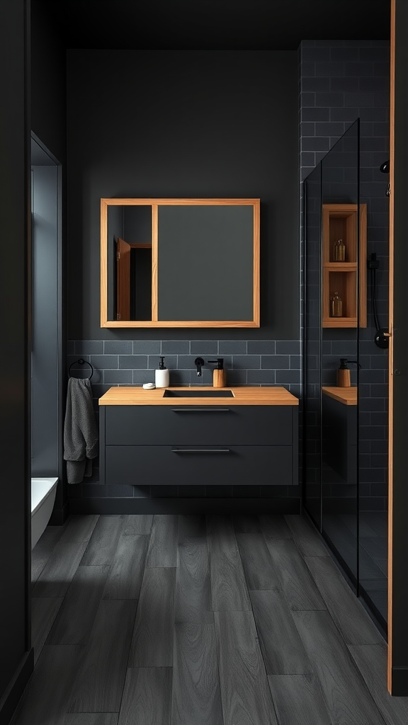 Modern dark grey bathroom with wood elements and sleek design