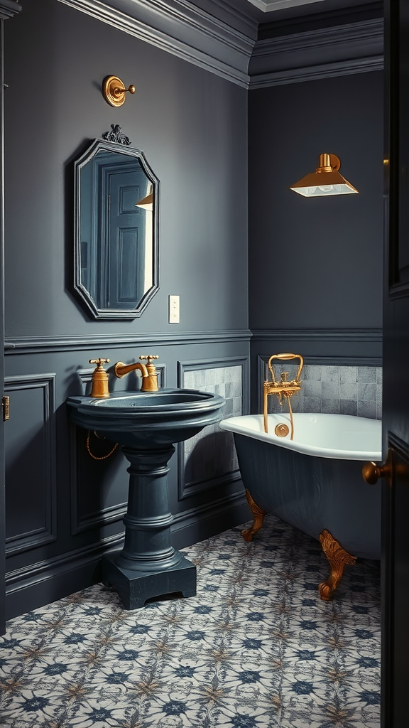 A vintage-inspired dark grey bathroom featuring a pedestal sink, freestanding bathtub with gold claw feet, gold fixtures, and patterned floor tiles.