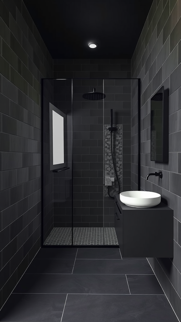 Modern dark grey wet room bathroom with glass shower enclosure and minimalist design.