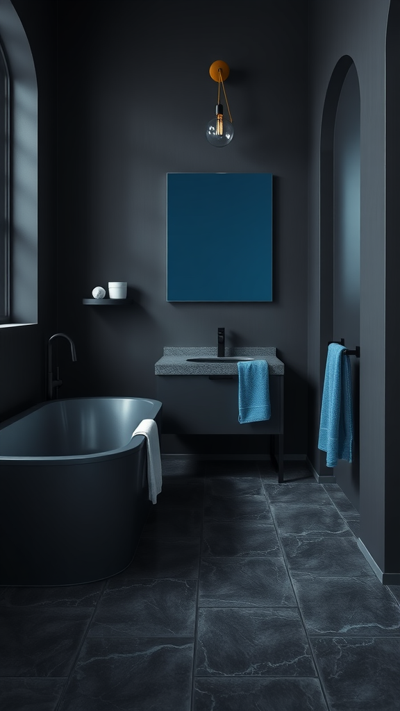 Modern dark grey bathroom with blue accents, featuring a freestanding bathtub and stylish decor.