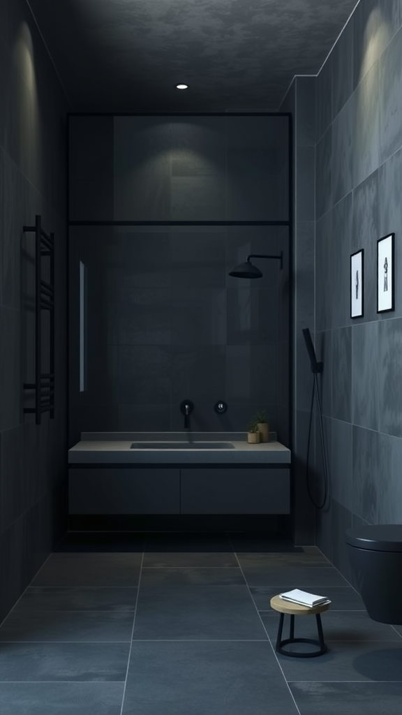 Modern dark grey bathroom with concrete aesthetic, featuring sleek tiles, minimalist vanity, and soft lighting.