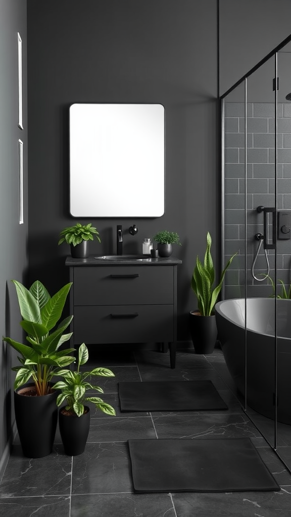 A modern dark grey bathroom featuring a black bathtub, dark cabinetry, and various greenery in pots.