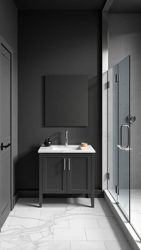 A modern bathroom featuring dark grey walls, a marble countertop, and a glass shower enclosure.