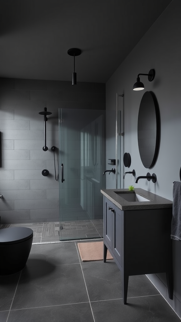 A modern bathroom featuring dark grey tiles and matte black fixtures