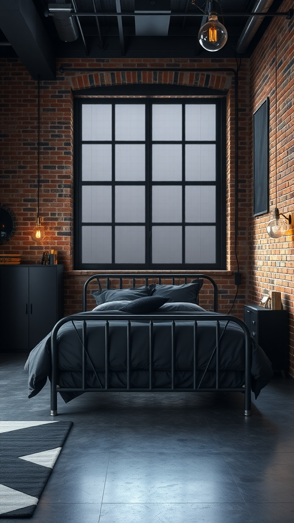 A dark industrial chic bedroom featuring a black metal bed frame, brick walls, and warm lighting.