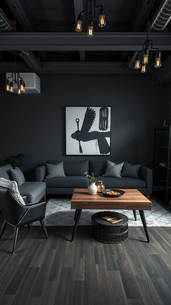 A stylish living room featuring dark walls, industrial lighting, and a wooden coffee table.