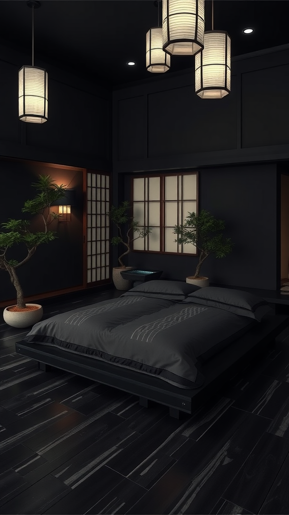 A dark Japanese bedroom featuring a low platform bed, soft lantern lighting, and decorative bonsai plants.