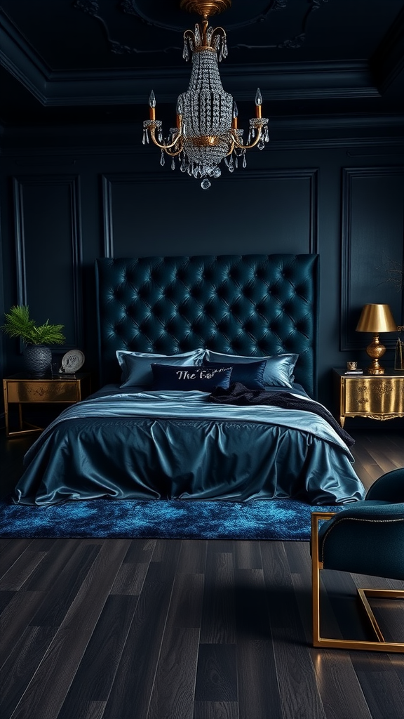 A dark luxe bedroom featuring a deep blue color scheme, a tufted bed, a crystal chandelier, and gold accents.