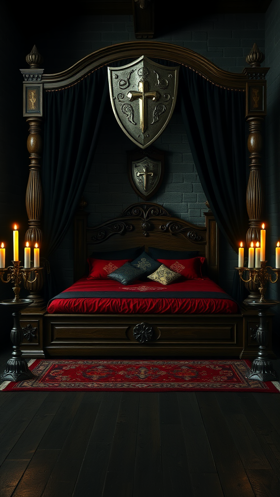 Dark medieval bedroom with an ornate wooden bed, candles, and shields on the walls