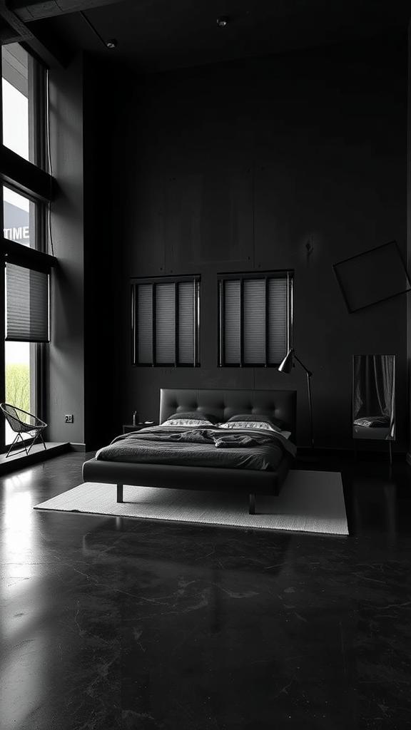 A dark minimalist loft bedroom featuring a low-profile bed, large windows, and sleek furniture.