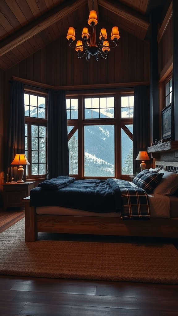 A cozy dark bedroom retreat with mountain views, featuring a wooden bed, plaid pillows, and warm lighting.