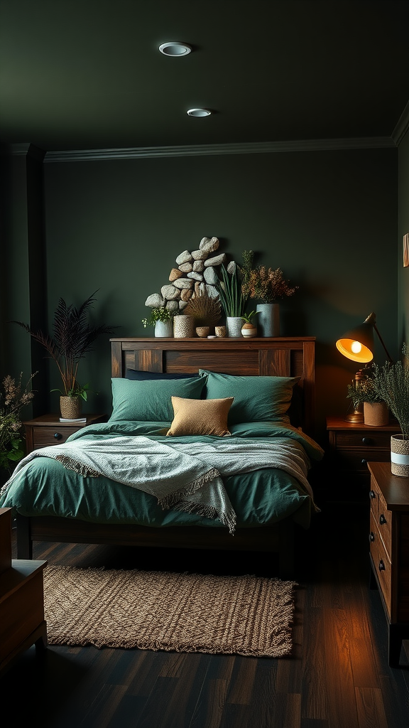 A cozy dark nature-inspired bedroom featuring deep green walls, a teal bedspread, and natural decor