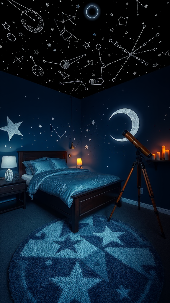 A cozy bedroom with a dark blue theme, featuring a starry ceiling, a telescope, and star-patterned decor.