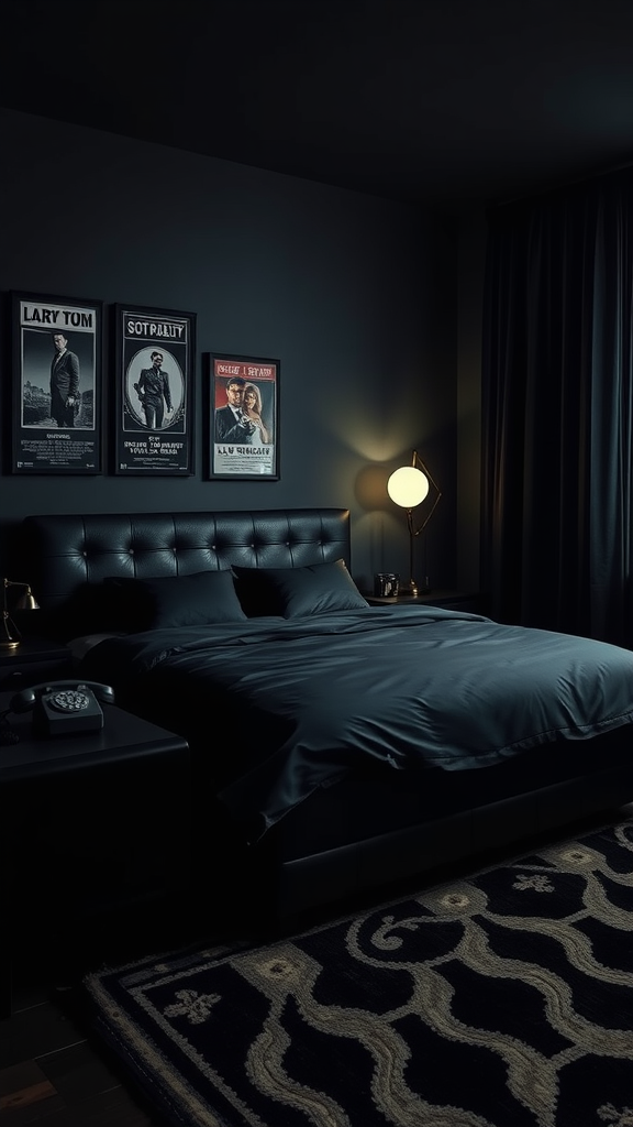 A dark bedroom featuring a plush bed, vintage decor, and atmospheric lighting.