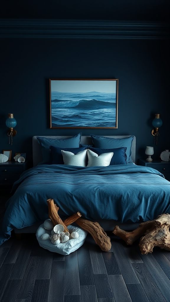 A dark ocean-inspired bedroom featuring deep blue walls, layered bedding, ocean-themed artwork, and natural driftwood decor.