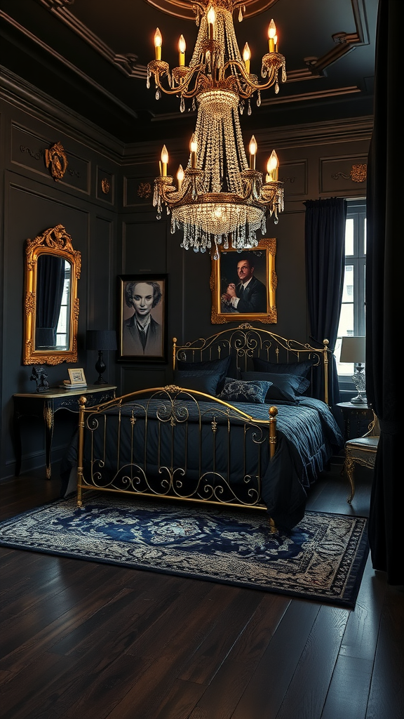 A dark Parisian bedroom featuring a wrought iron bed, elegant chandelier, and framed portraits on the walls.