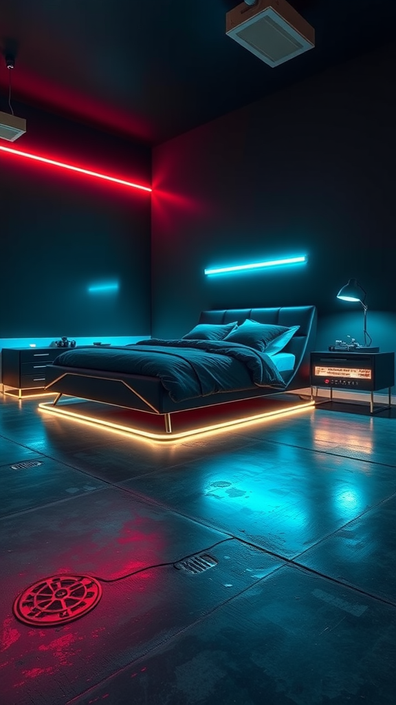 A dark retro-futuristic bedroom featuring neon lights, sleek furniture, and a polished floor.