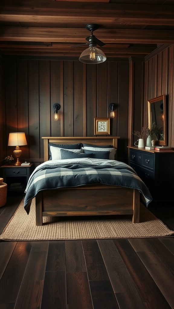 Cozy rustic farmhouse bedroom with wooden paneling, a patterned blanket on a bed, warm lighting, and simple decor.