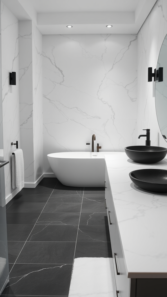 Minimalist bathroom showcasing dark slate flooring and elegant marble walls with modern fixtures.