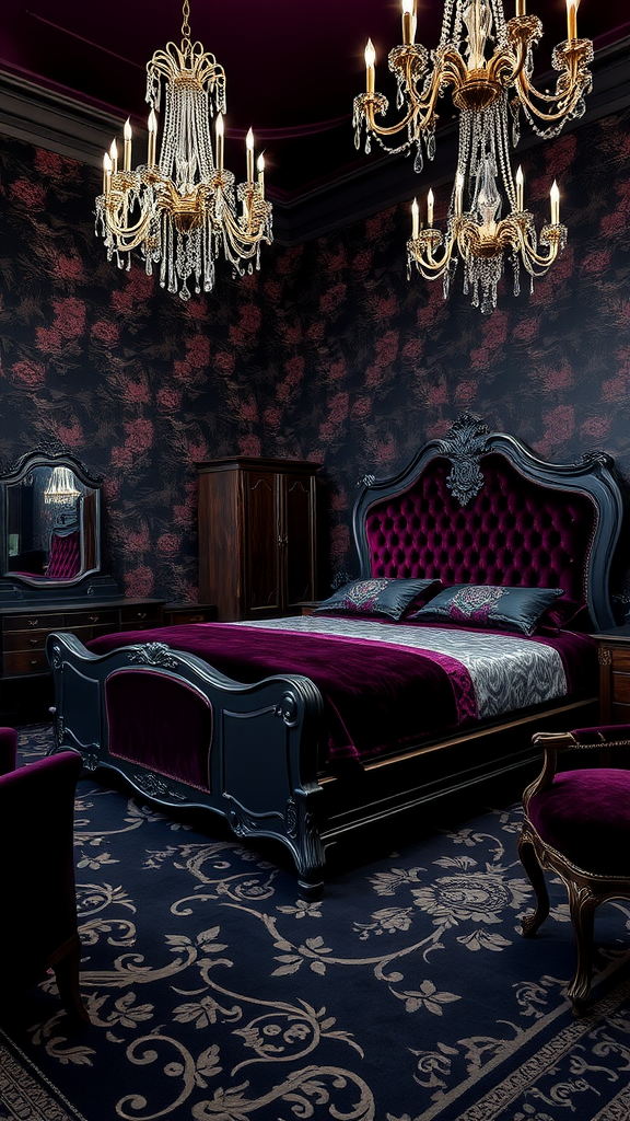 A dark Victorian Gothic bedroom featuring a plush velvet bed, ornate furniture, and sparkling chandeliers.