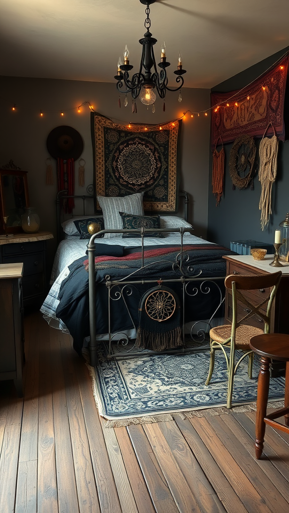 A cozy dark vintage boho bedroom with a metal bed, layered blankets, a tapestry on the wall, string lights, and wooden furniture.