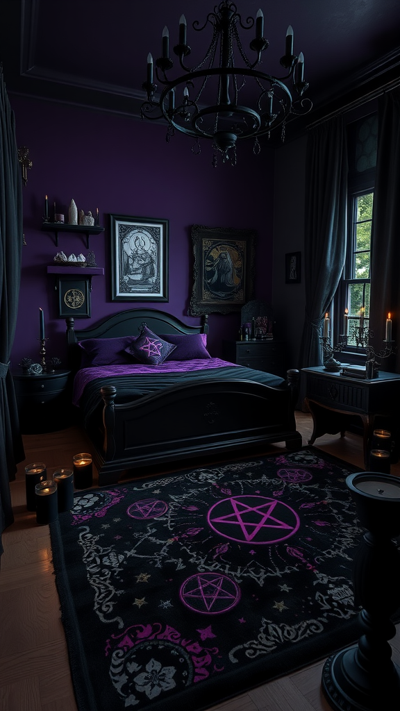 A dark witchcraft bedroom featuring purple walls, a black and purple bed, mystical artwork, candles, and a chandelier.