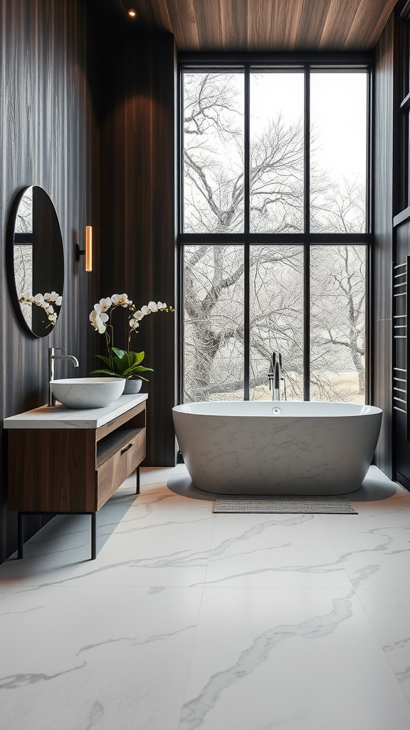 A modern bathroom featuring dark wood walls, light stone flooring, a freestanding bathtub, and large windows.