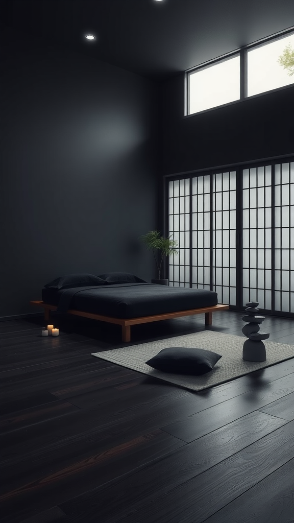 A dark zen bedroom featuring a low wooden bed, candles, a plant, and minimal decor.