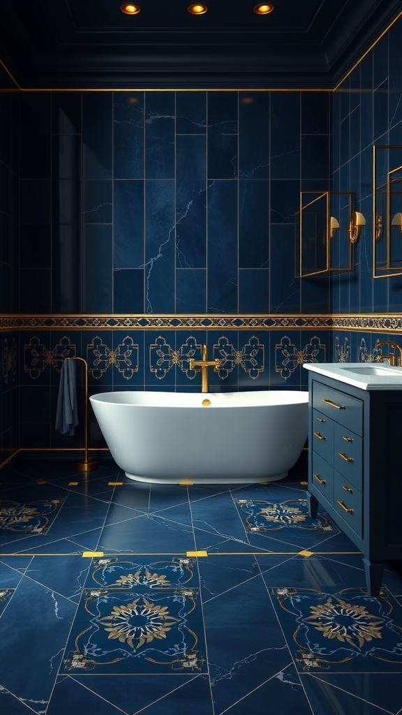 An elegant Art Deco bathroom featuring deep navy walls, gold accents, a freestanding tub, and intricate tile flooring.