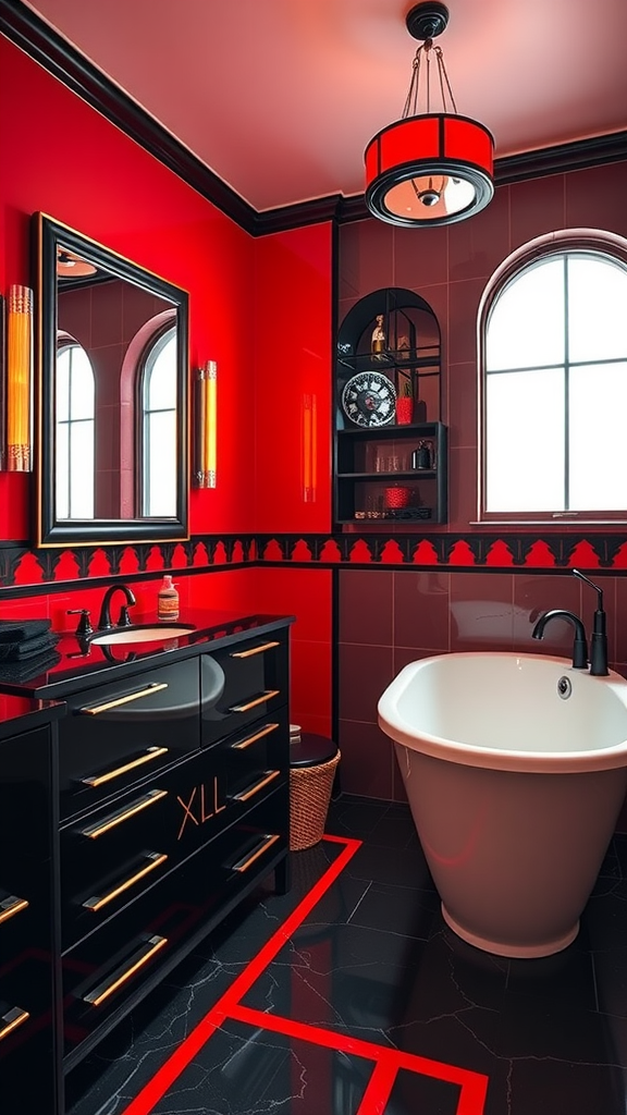 Art Deco bathroom featuring deep red walls, black furniture, and elegant lighting.