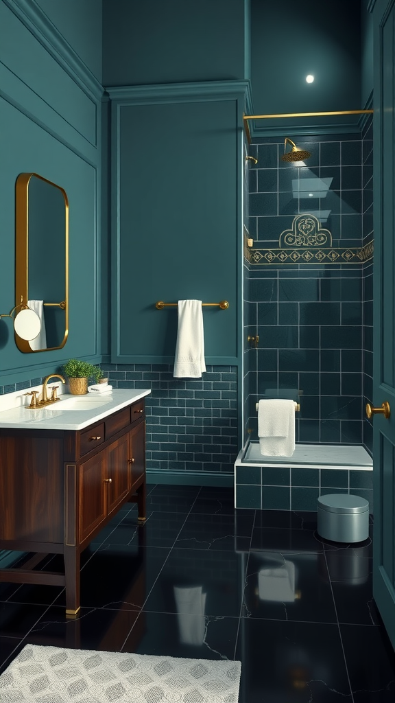 A stylish bathroom featuring deep teal walls, brass fixtures, and elegant decor.