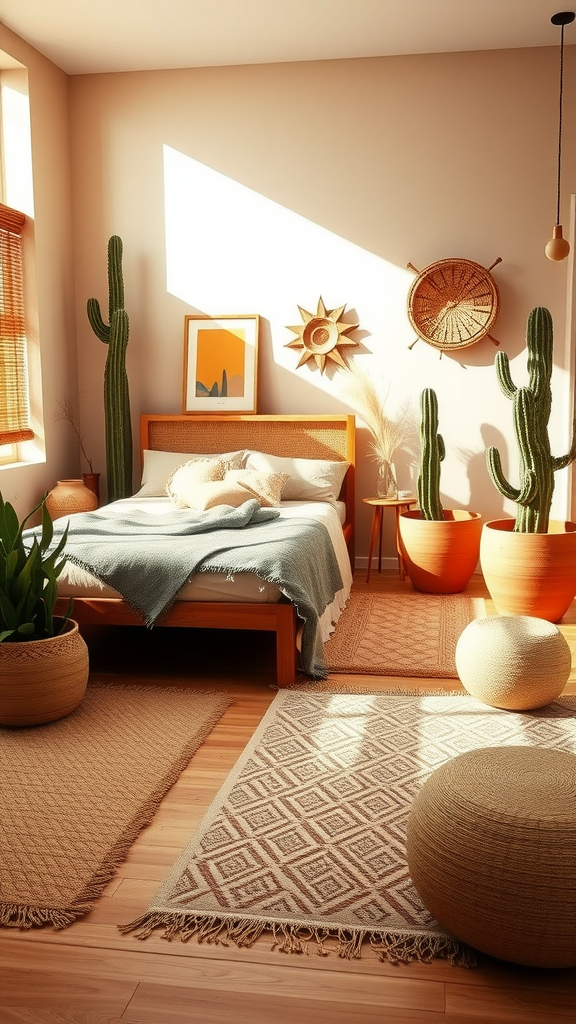 A cozy desert boho bedroom featuring a bed with light linens, cacti, and woven decor.