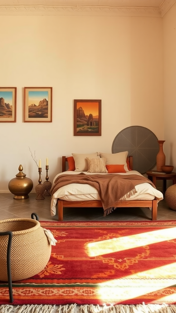 A cozy Moroccan bedroom featuring a wooden bed with warm orange and brown textiles, desert-themed artwork, and decorative vases.