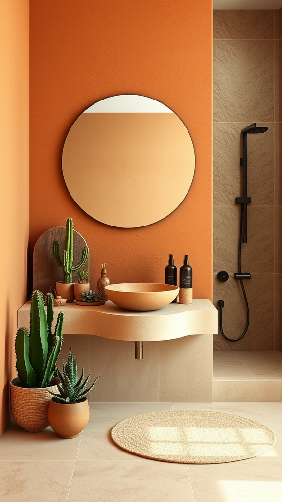 A stylish bathroom with earthy tones, featuring a warm orange wall, modern sink, round mirror, and decorative plants.