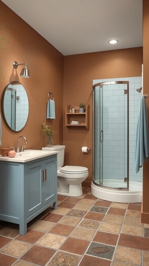 A bathroom featuring earthy brown walls, soft blue cabinetry, and a textured floor.