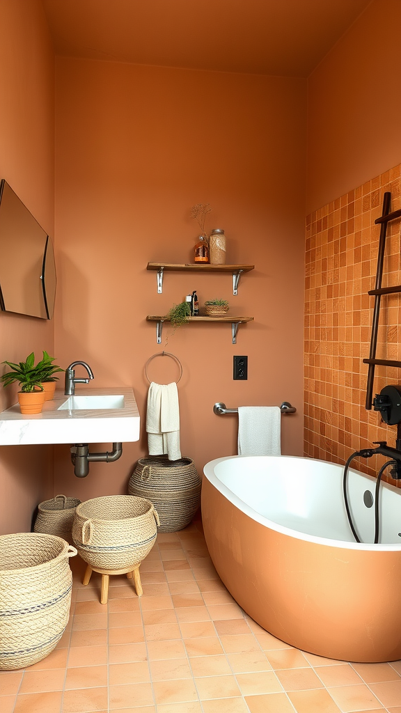 A bathroom featuring earthy clay and terracotta tones with a freestanding tub, shelves, and natural decor.