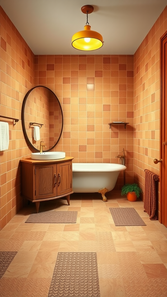 A cozy 70s bathroom featuring earthy clay and terracotta tones, vintage wooden cabinet, round mirror, and cheerful lighting