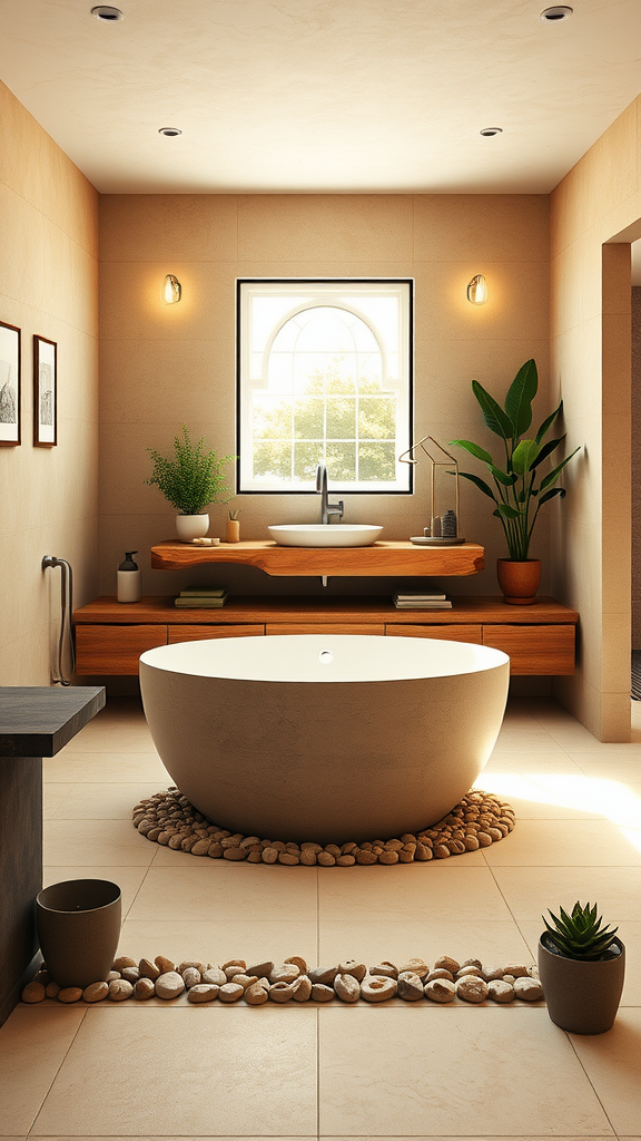 A serene bathroom featuring limestone walls, a round bathtub surrounded by pebbles, a wooden vanity, and potted plants.