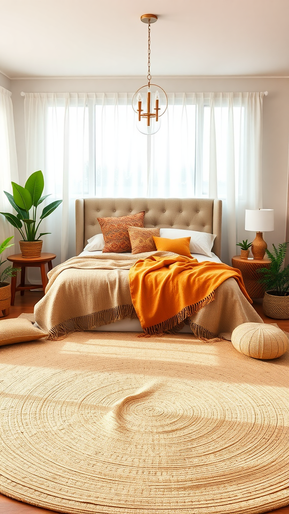 Cozy modern bohemian bedroom with earthy tones and natural decor