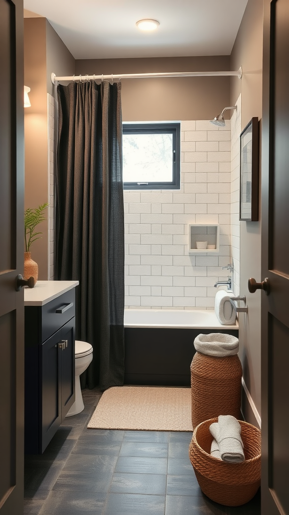 A small bathroom featuring earthy taupe walls, charcoal accents, white subway tiles, and woven baskets.