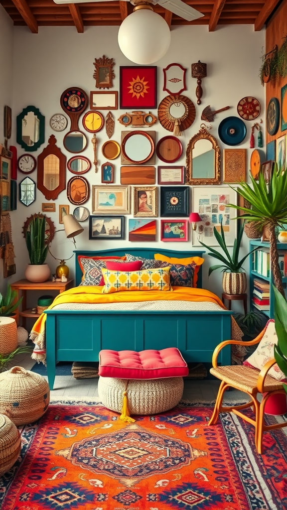 Eclectic bohemian bedroom featuring colorful decor, a gallery wall, and a cozy atmosphere