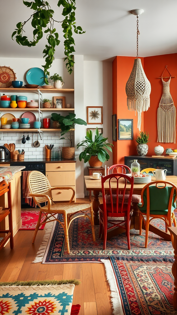 A colorful and eclectic boho chic kitchen and dining area with mixed chairs and vibrant decor.